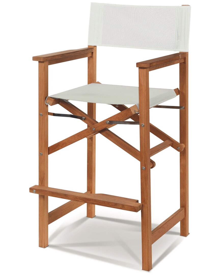 Curated Maison Directeur Teak Outdoor Counter Height Stool With White Dura Sling Back And Seat In Brown
