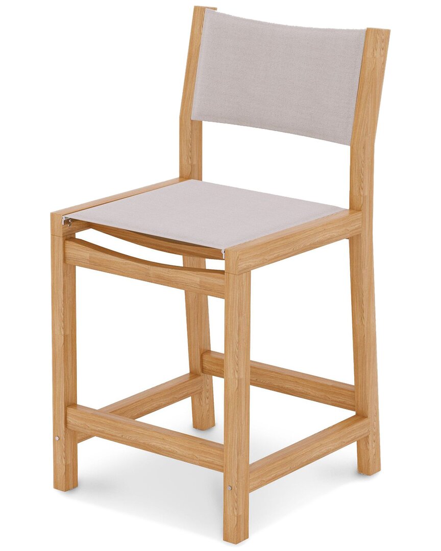 Curated Maison Perrin Teak Outdoor Counter Height Stool With White Padded Back And Seat In Brown