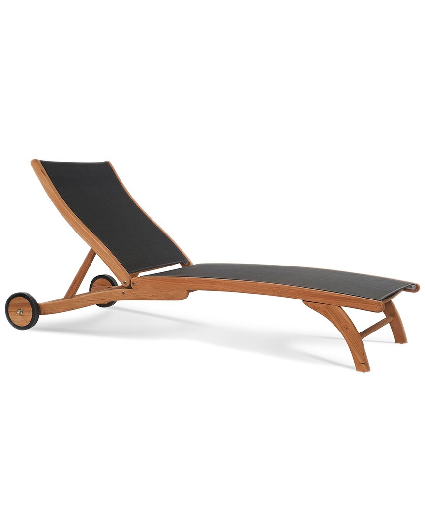 Curated Maison Perrin Teak Outdoor Reclining Chaise Lounge In Black With Wheels In Brown