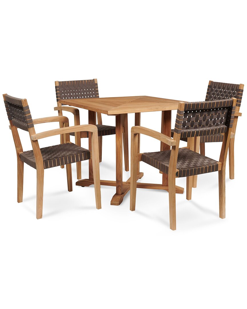 Curated Maison Clairene 5-piece Square Teak Table Outdoor Dining Set With Woven Stacking Arm Chairs In Brown