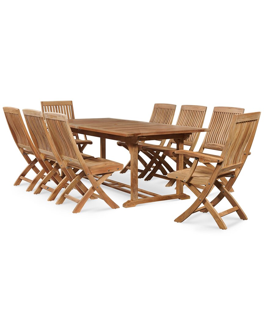 Curated Maison Florence 9-piece Teak Outddor Dining Extension Table With Built-in Extension And Folding Chairs In Brown