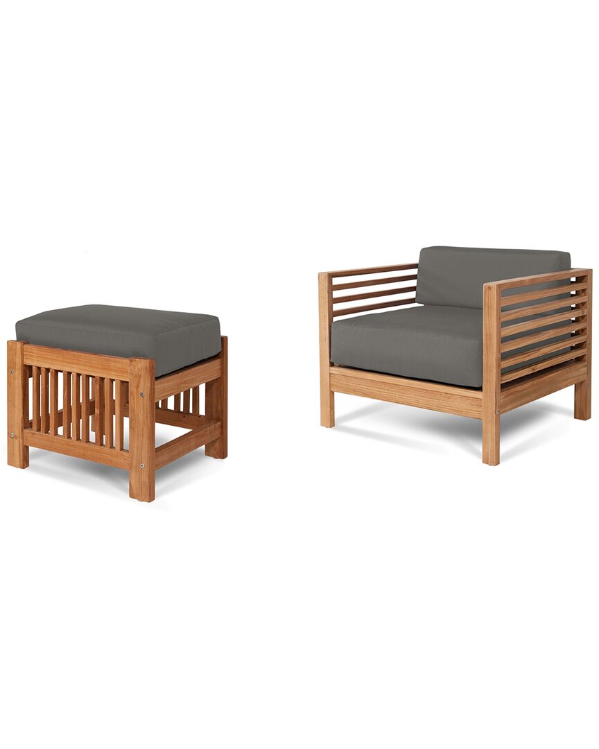 Curated Maison Sylvie Teak Outdoor Lounge Chair And Ottoman Set With Sunbrella Charcoal Cushions