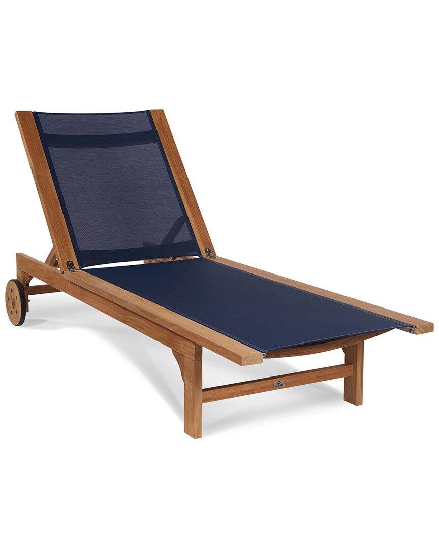 Curated Maison Elie Teak Outdoor Reclining Sun Lounger In Blue With Wheels