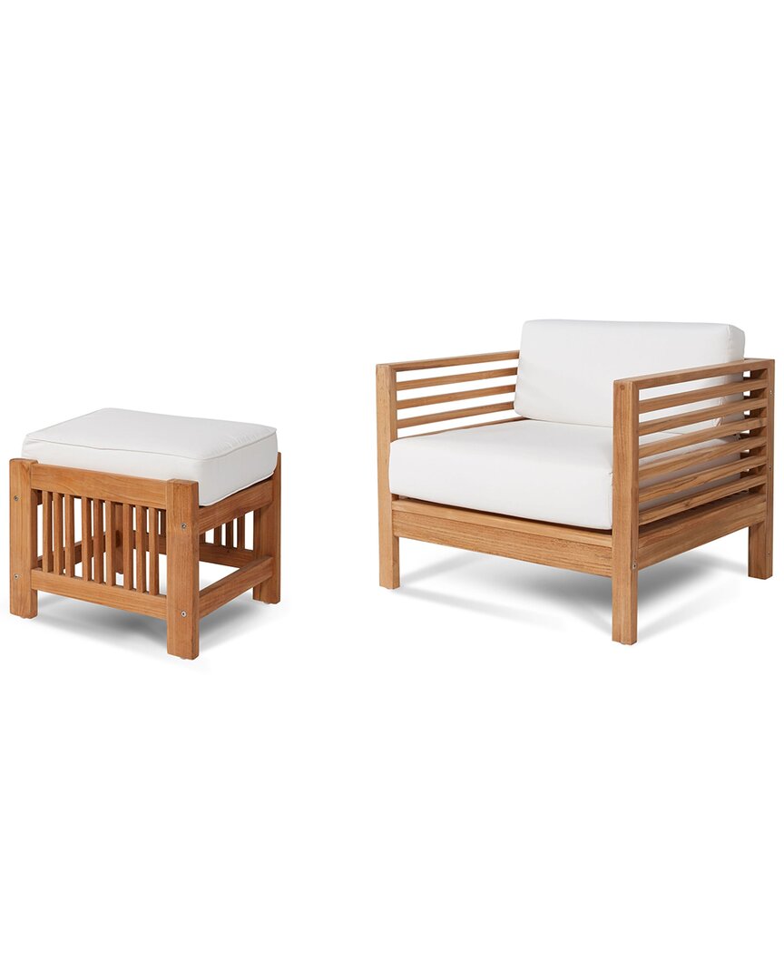 Curated Maison Sylvie Teak Outdoor Lounge Chair And Ottoman Set With Sunbrella White Cushions