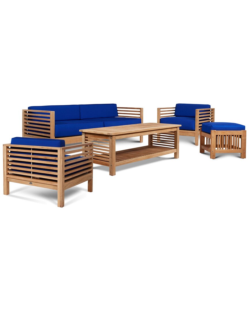 Curated Maison Sylvie 5-piece Teak Patio Conversation Deep Seating Set With Sunbrella Cushions In Blue