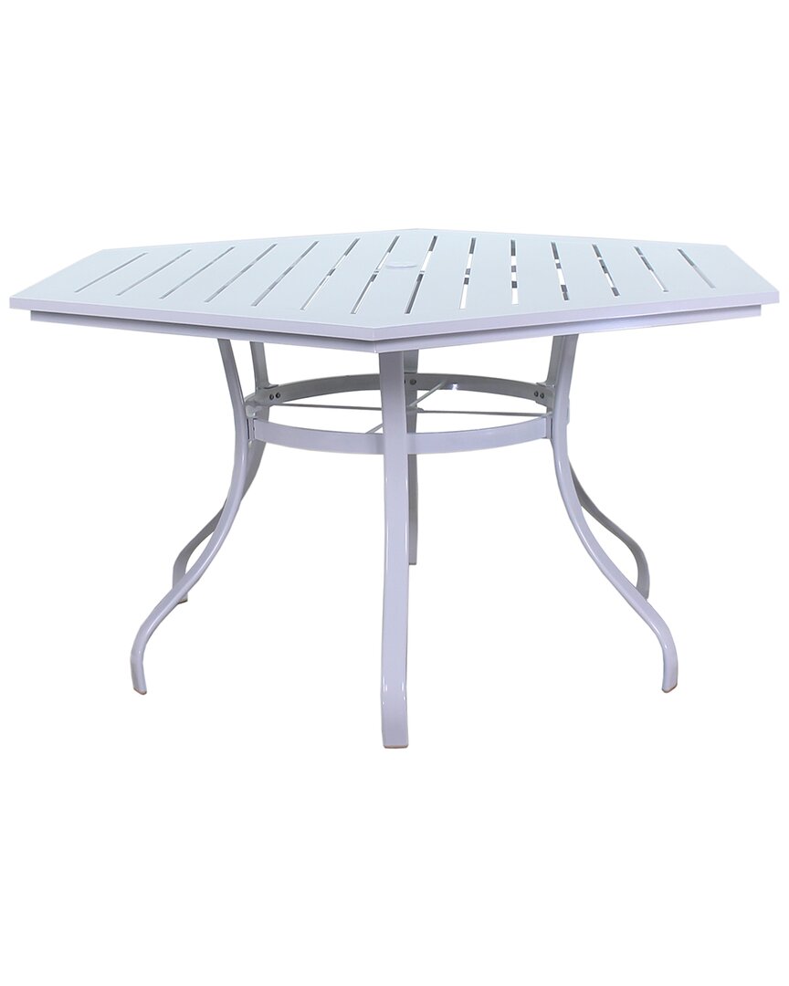 Courtyard Casual Santa Fe 60in Hexagon Aluminum Table With Slat Top And Umbrella Hole In White