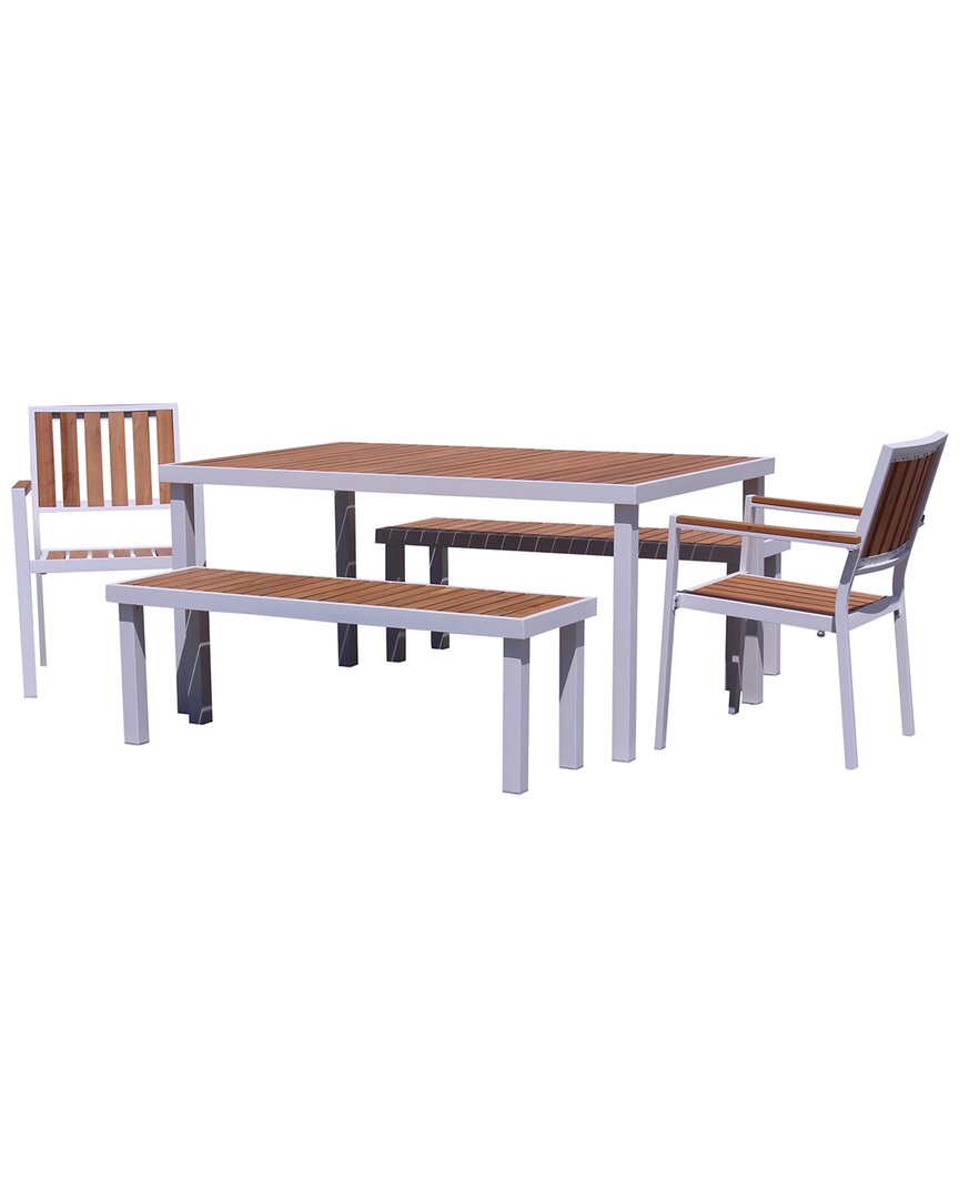 Courtyard Casual Catalina 5pc Dining Set With 60in X39in Rectangle Table, 2 Chairs And 2 Benches In White