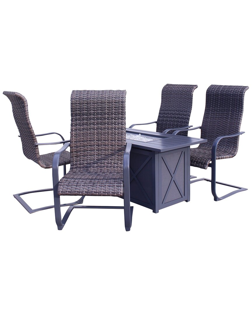 Courtyard Casual Santa Fe Dark Gray 5pc Rectangle Fire Pit Set With 1 Fire Pit  And 4 Wicker Spring Chairs