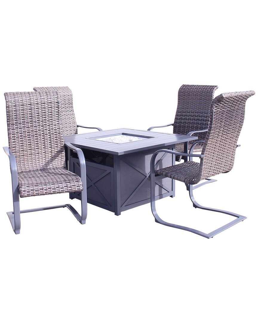 Courtyard Casual Santa Fe Dark Gray 5pc Square Fire Pit Set With 1 Fire Pit  And 4 Wicker Spring Chairs