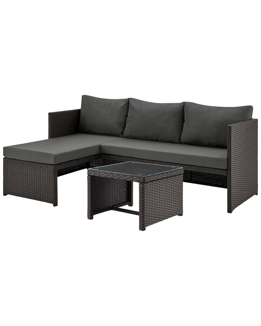 Manhattan Comfort Menton Patio 2-seater And Lounge Chair With Coffee Table In Brown