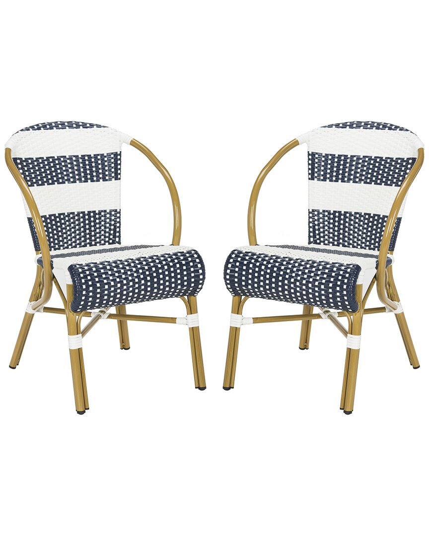 Safavieh Set Outdoor Of 2 Sarita Striped French Bistro Stacking Side Chairs In Blue