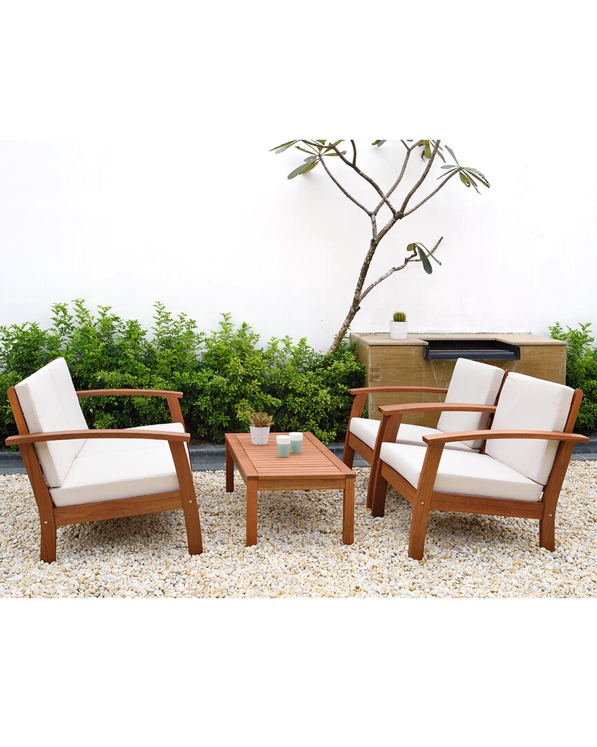 Amazonia Outdoor Patio 4pc Wood Seating Set With Off-white Cushions
