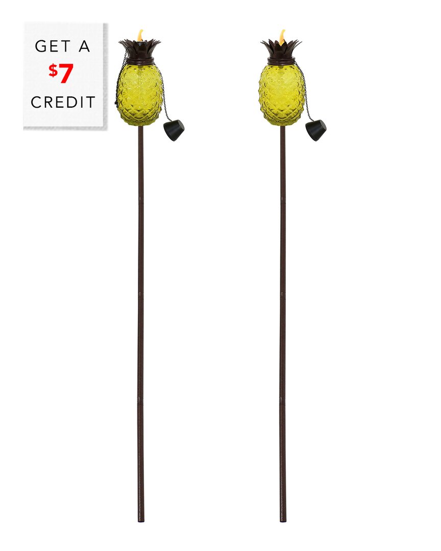 Sunnydaze Tropical Pineapple 3-in-1 Yellow Glass Outdoor Torches With $7 Credit In Yellow