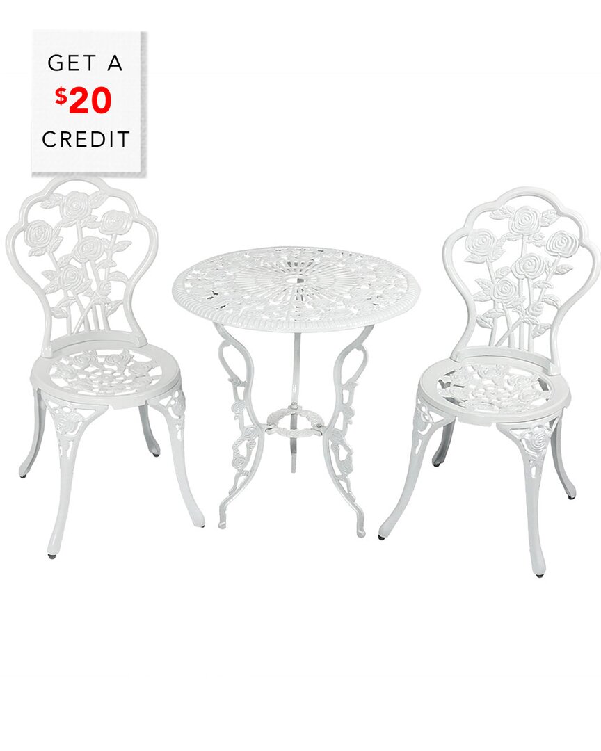 Sunnydaze Flower Design Cast Aluminum Bistro Set With Cast Iron Legs, White, 3pc In White
