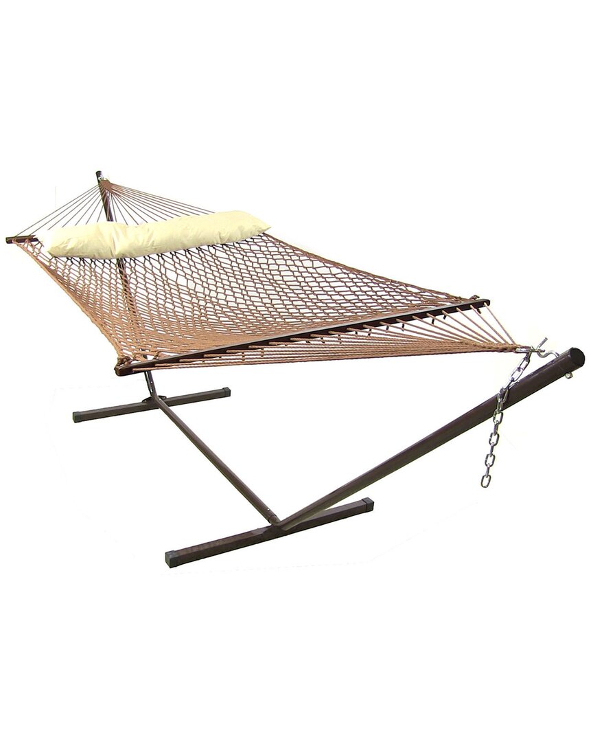 SUNNYDAZE SUNNYDAZE BROWN 2-PERSON POLYESTER PATIO SPREADER BAR ROPE HAMMOCK WITH PILLOW 