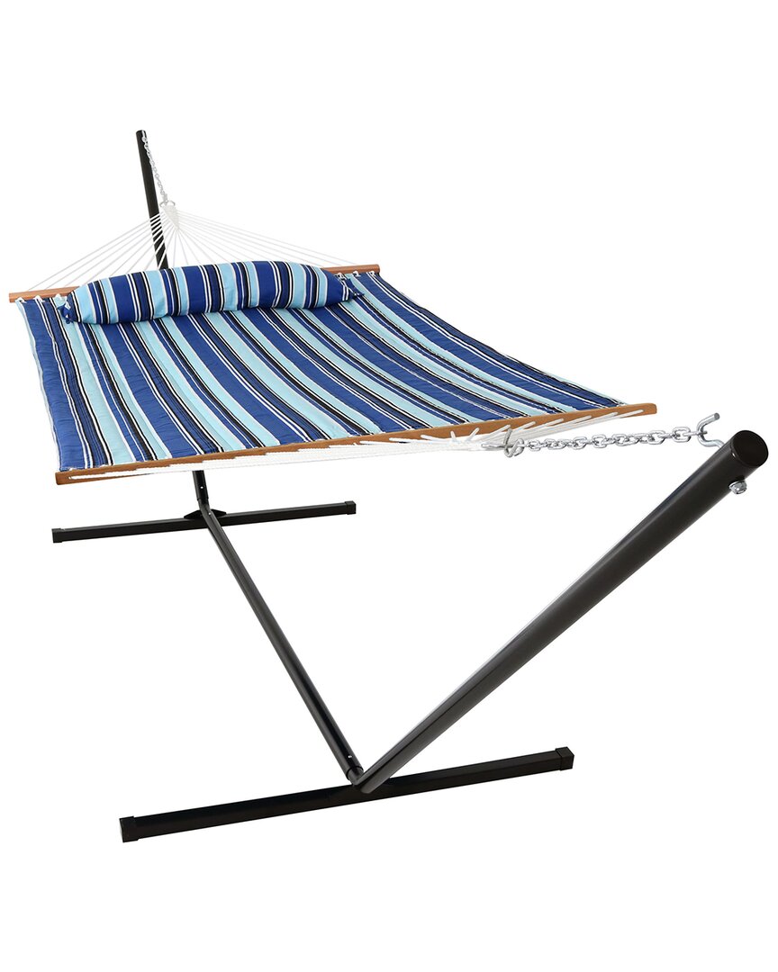 Sunnydaze Quilted Spreader Bar Hammock Bed With 15' Stand In Blue