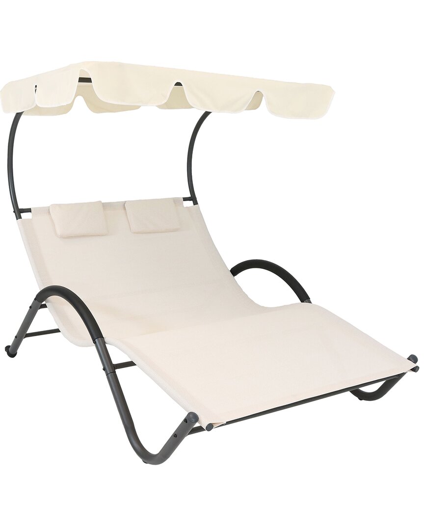 Sunnydaze Double Chaise Lounge With Canopy Shade And Headrest Pillows In Off-white