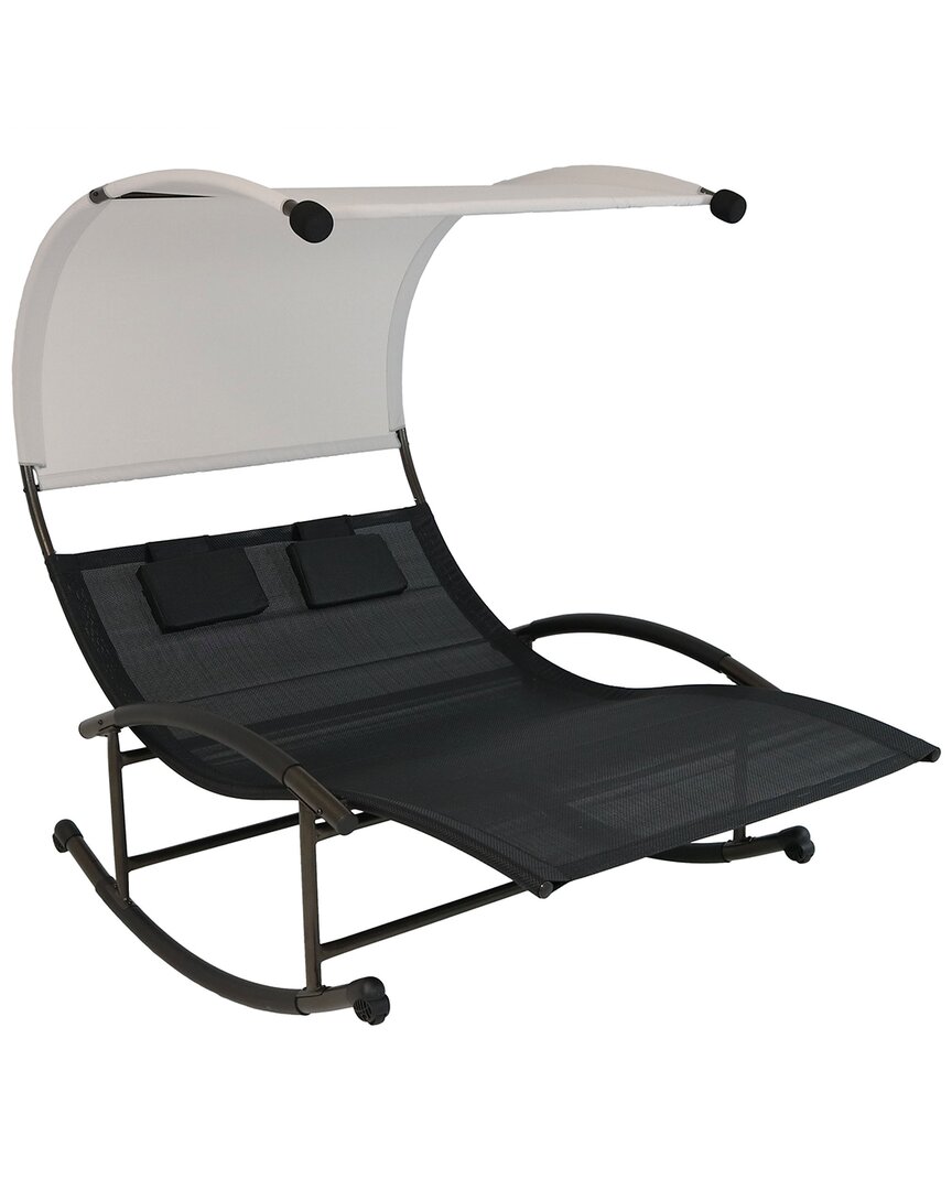 Sunnydaze Double Chaise Roc Lounge With Canopy And Headrest Pillows In Black