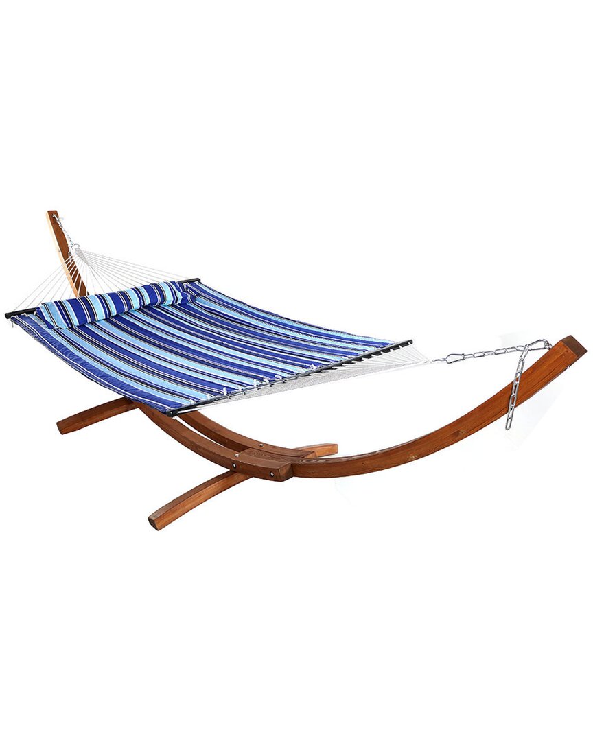 Sunnydaze Quilted 2-person Double Hammock With 12' Wood Stand In Blue