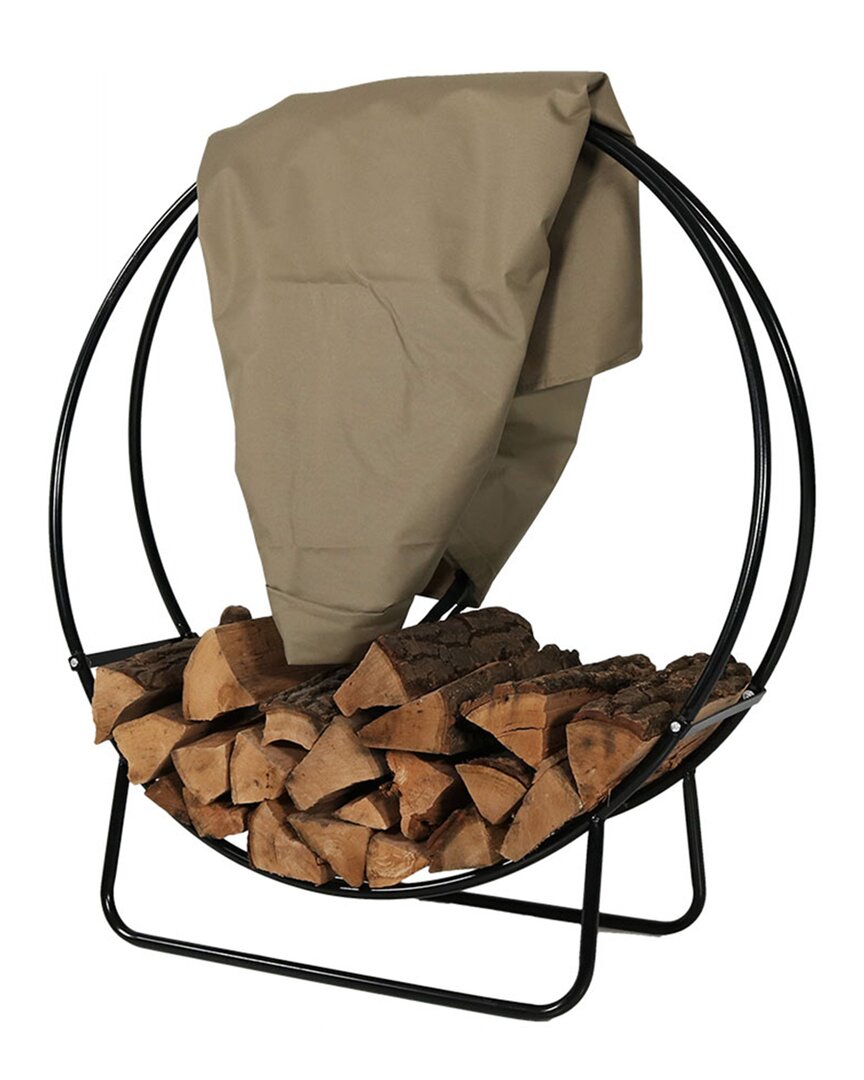 Sunnydaze Firewood Log Hoop Holder With Khaki Cover Outdoor Black Steel