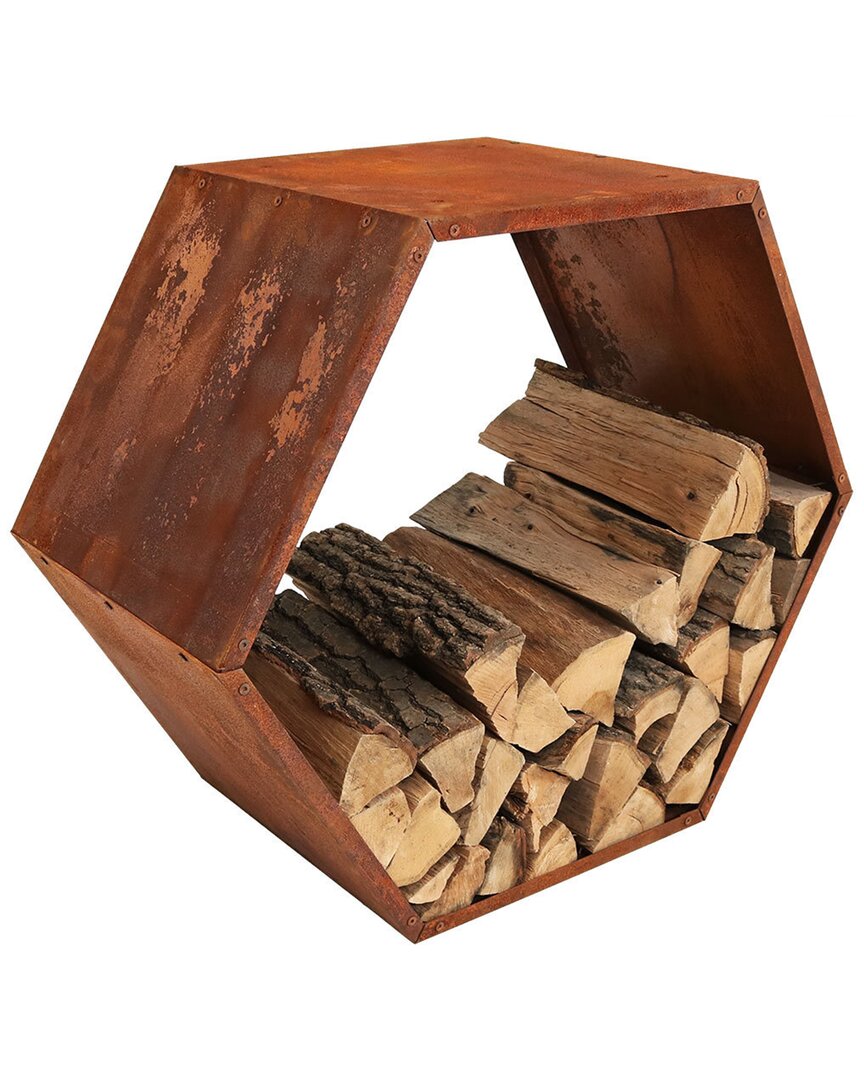 Sunnydaze Log Rack 30in Steel With Rustic Finish Hexagon Firewood Storage In Bronze