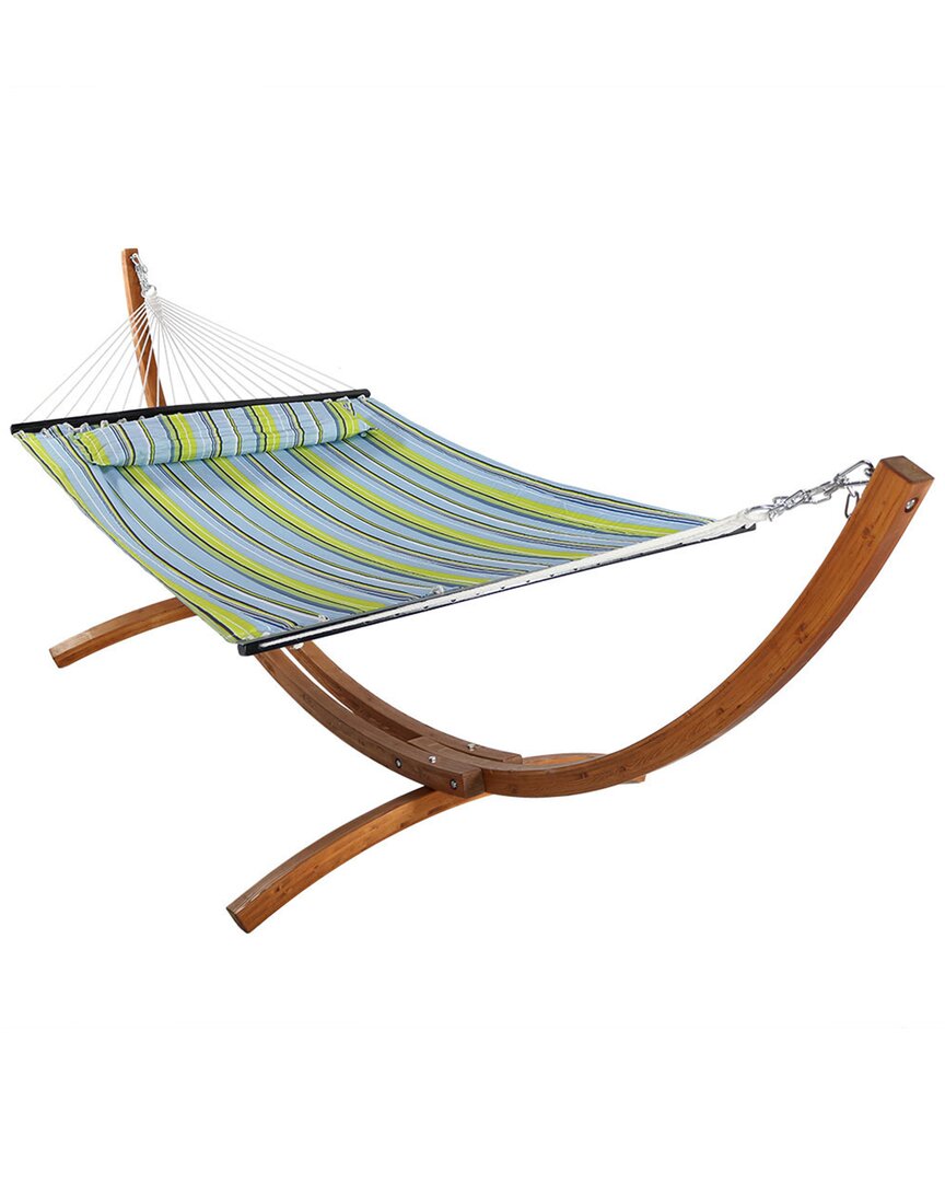 Sunnydaze Blue & Green Quilted Hammock With 12' Arc Wood Stand