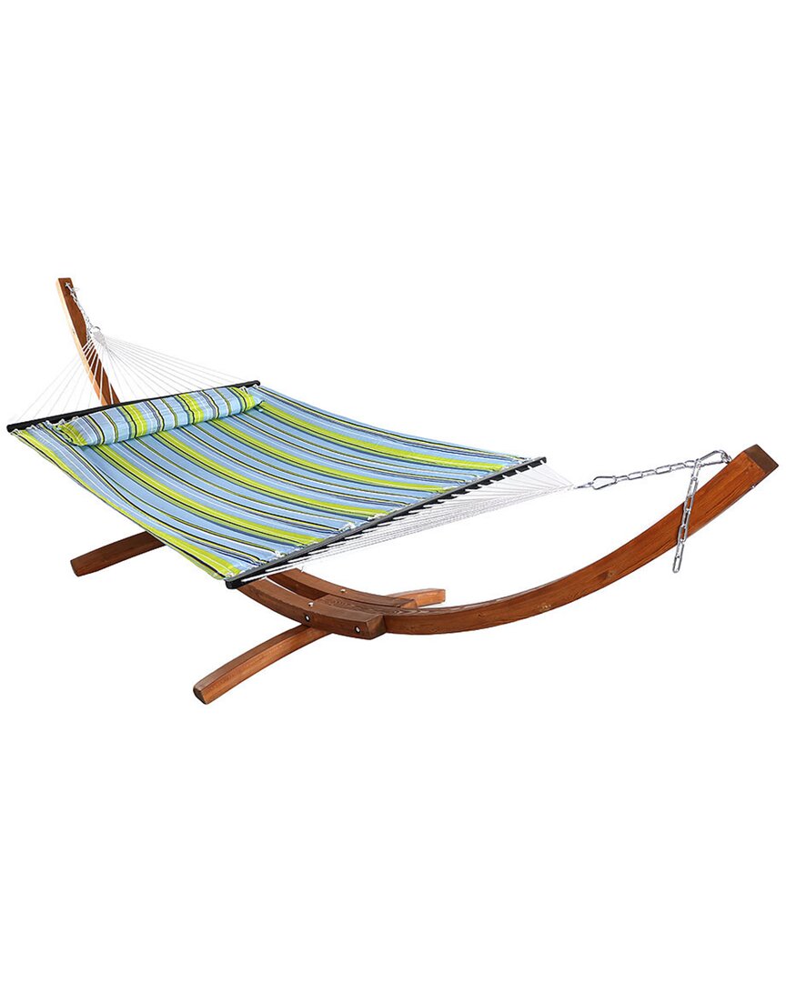 Sunnydaze Blue & Green Quilted Hammock With 13' Arc Wood Stand In Blue