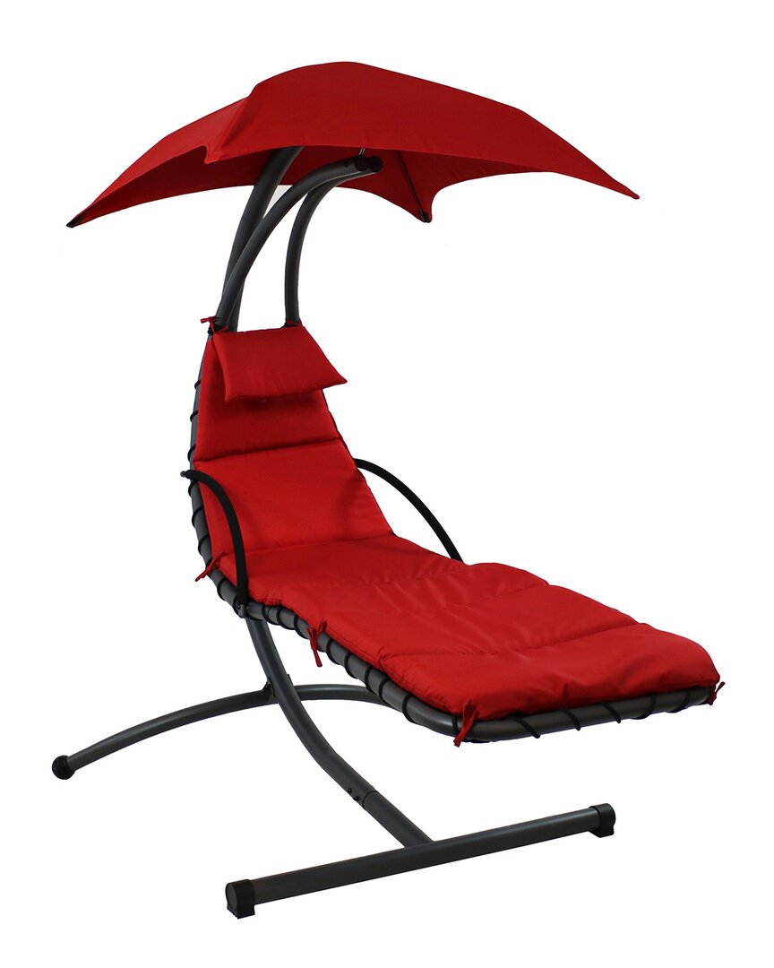 Sunnydaze Hanging Floating Chaise Lounge Patio Swing Chair With Canopy In Red
