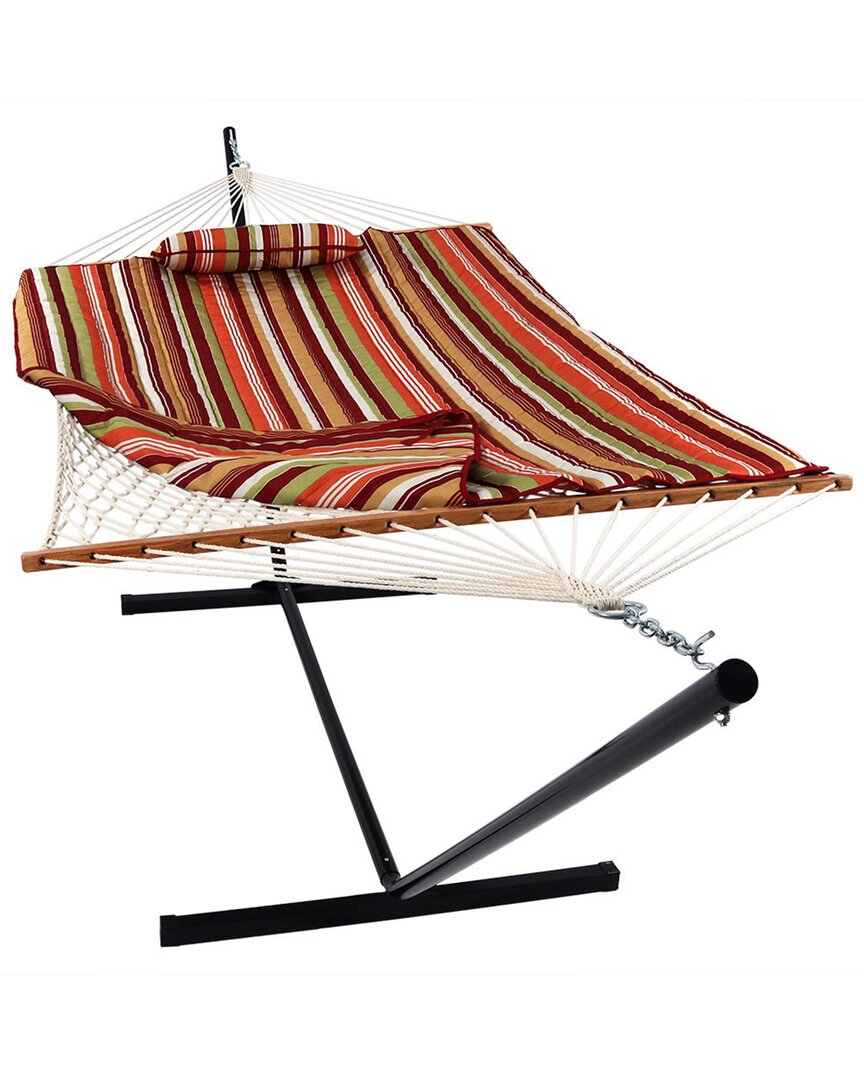 Sunnydaze Cotton Rope Hammock W/ 12' Steel Stand With Pillow In Red