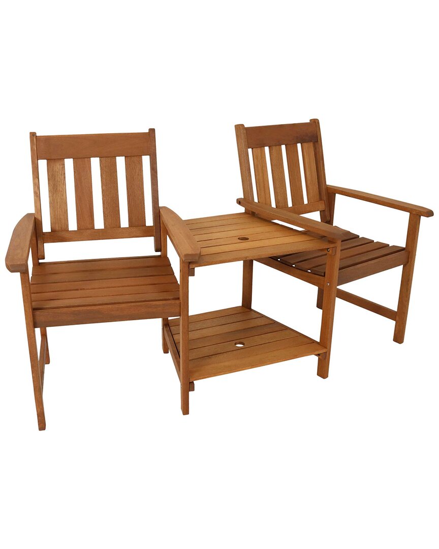 Sunnydaze Meranti Wood Jack-and-jill Chairs With Attached Table In Brown