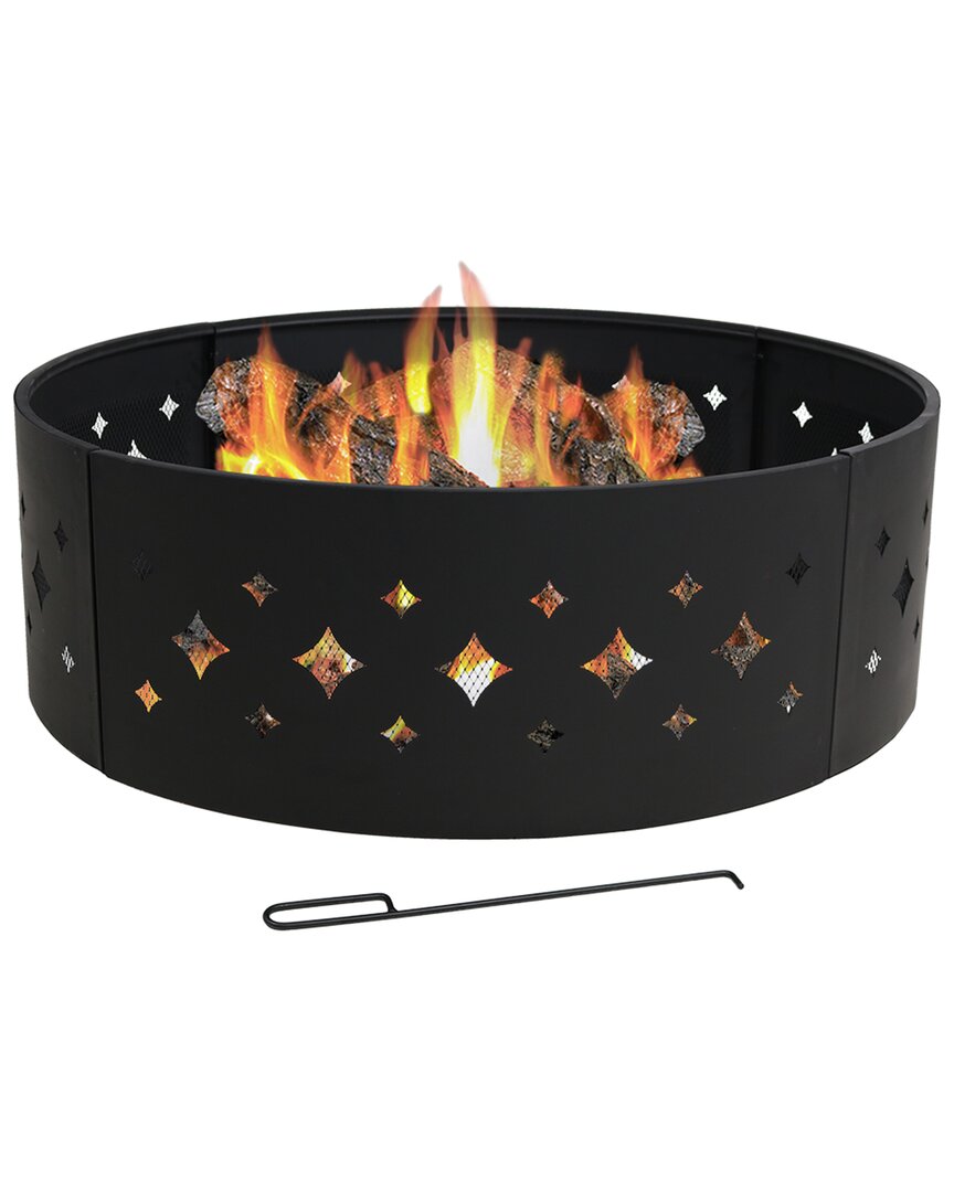 Sunnydaze 36in Wood-burning Fire Ring Steel With Diamond Cut Out Design And Poker In Black
