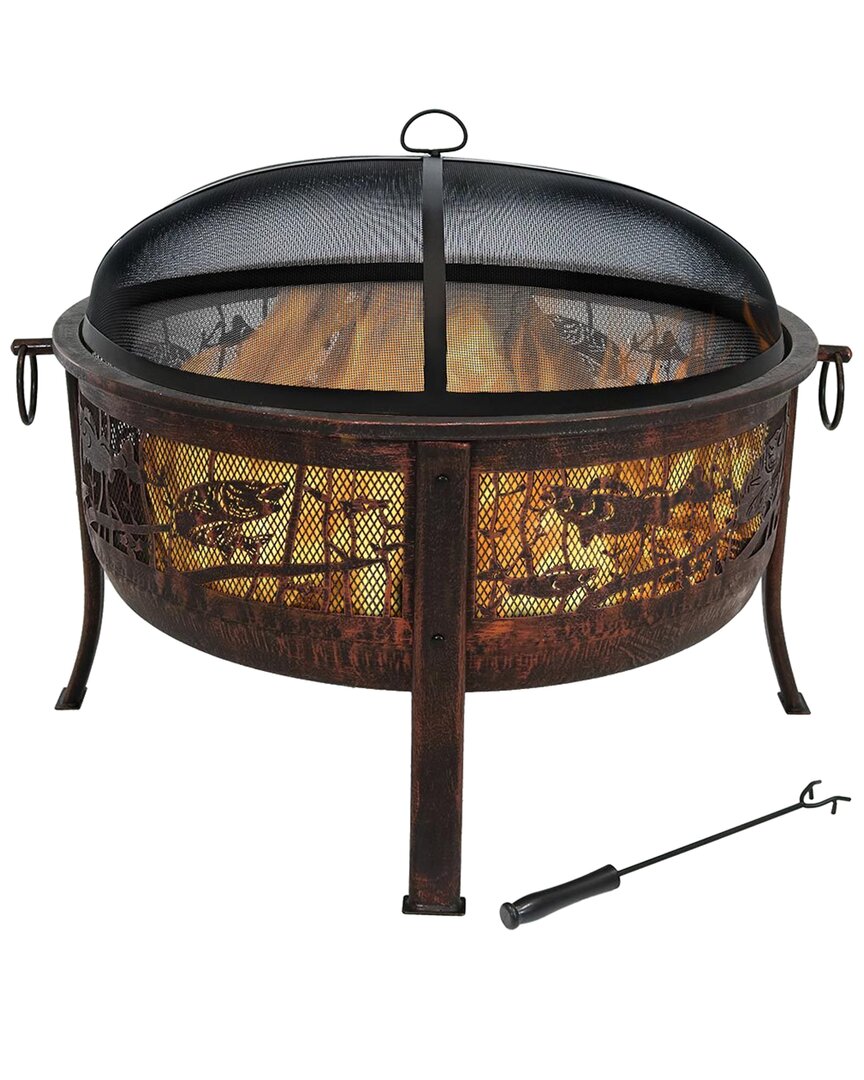 Sunnydaze 30in Fire Pit Steel With Northwoods Fishing Design And Spark Screen In Bronze