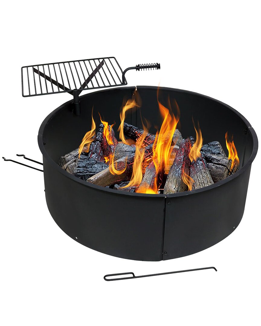 Sunnydaze 34in Wood Burning Fire Ring Steel With Rotating Coo Grate And Poker In Black