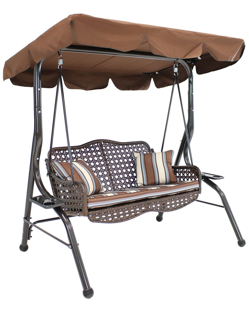 Sunnydaze 2-seater Rattan Patio Swing With Striped Pillows And Cushion In Brown