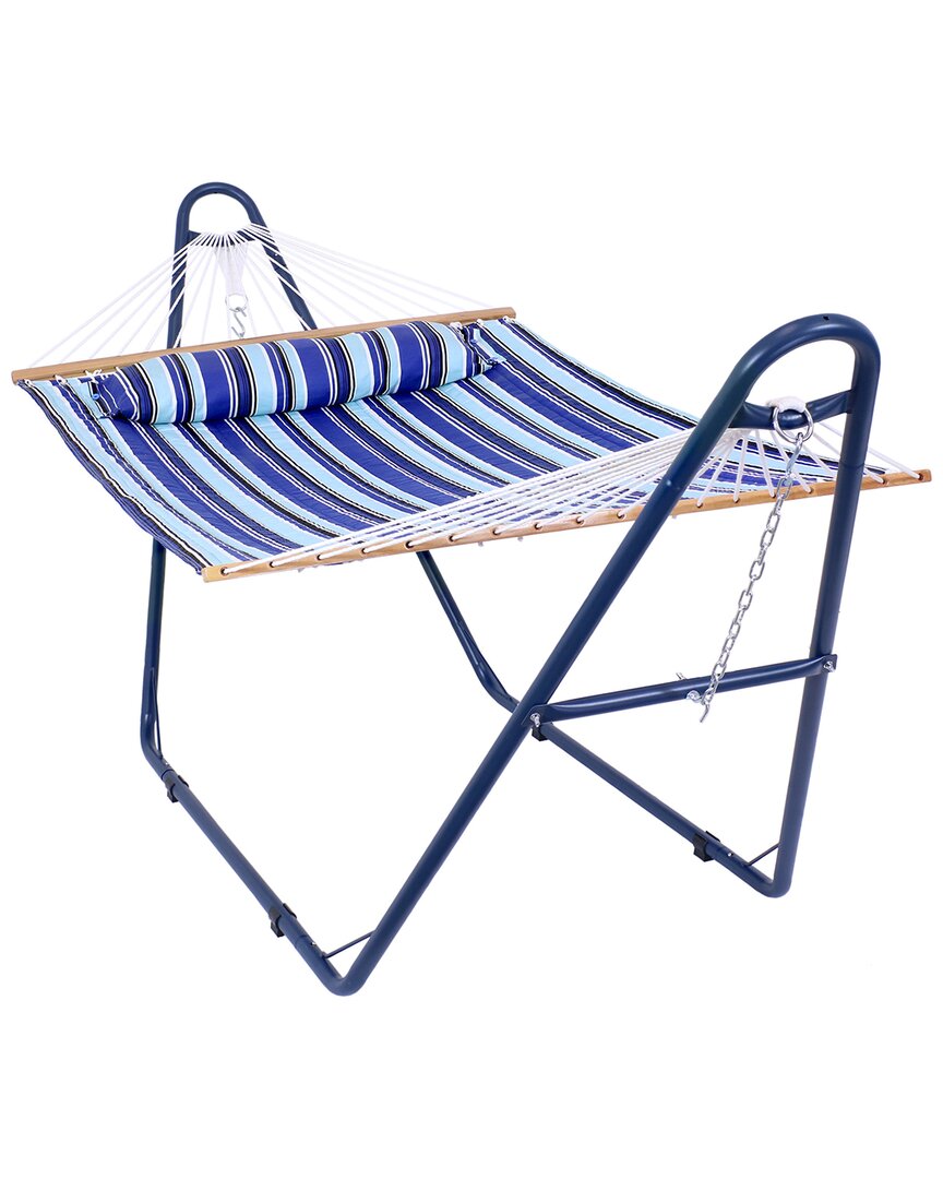 Sunnydaze Outdoor 2-person Double Polyester Quilted Hammock With Wood Spreader Bar And Matte Blue Steel Multi- In Blue