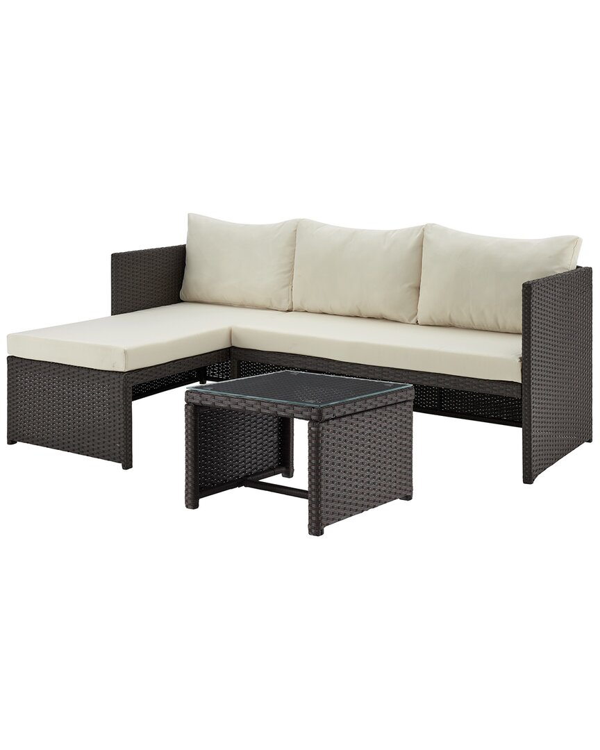 Manhattan Comfort Menton Patio 2-seater And Lounge Chair With Coffee Table In Brown And Cream