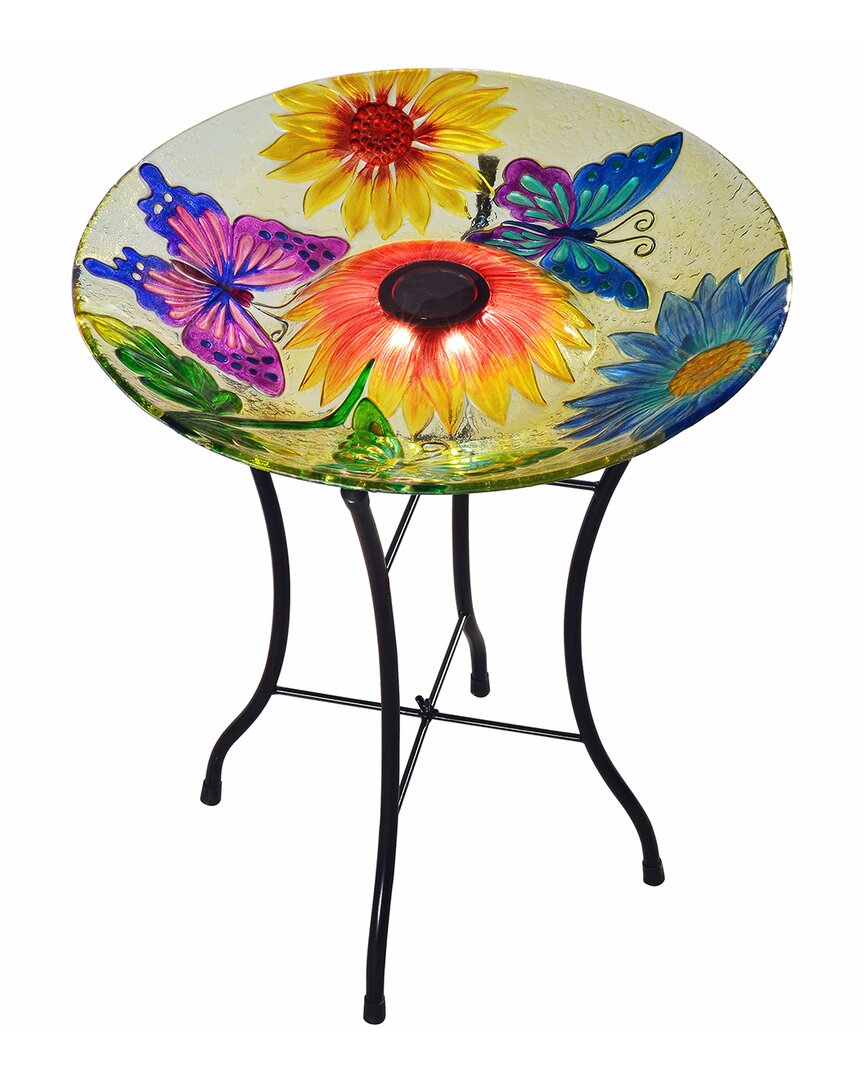 Peaktop Outdoor 18in Hand Painted Butterfly Fusion Glass Solar Bird Bath W/ Stand