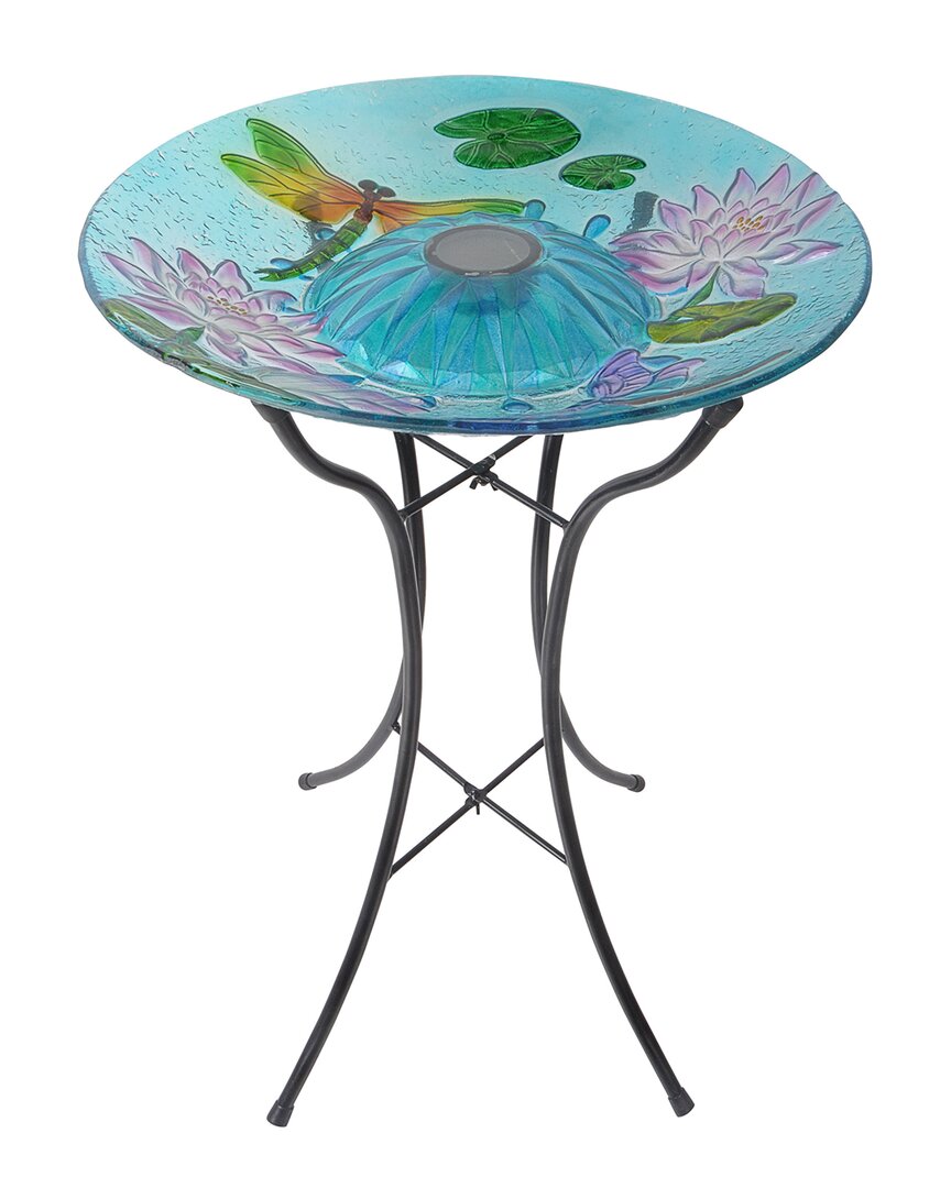 Peaktop Outdoor 18in Hand Painted Dragonfly Fusion Glass Solar Bird Bath