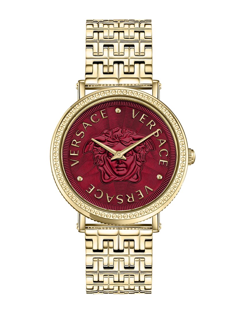 Versace V-dollar Bracelet Watch With Red Guilloche Dial In Gold