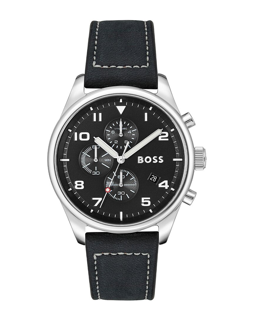 Hugo Boss Men's View Black Genuine Leather Strap Watch, 44mm