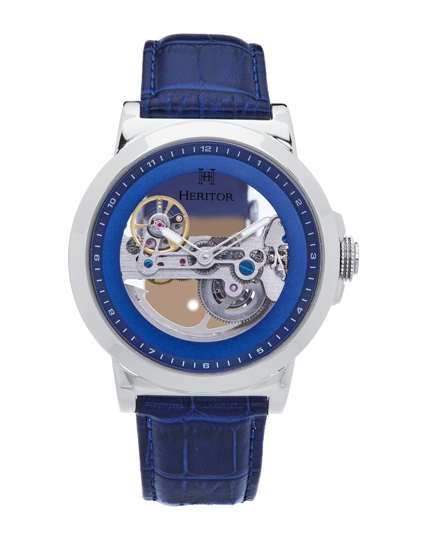 Heritor Automatic Xander Semi Skeleton Leather Band Watch In Blue