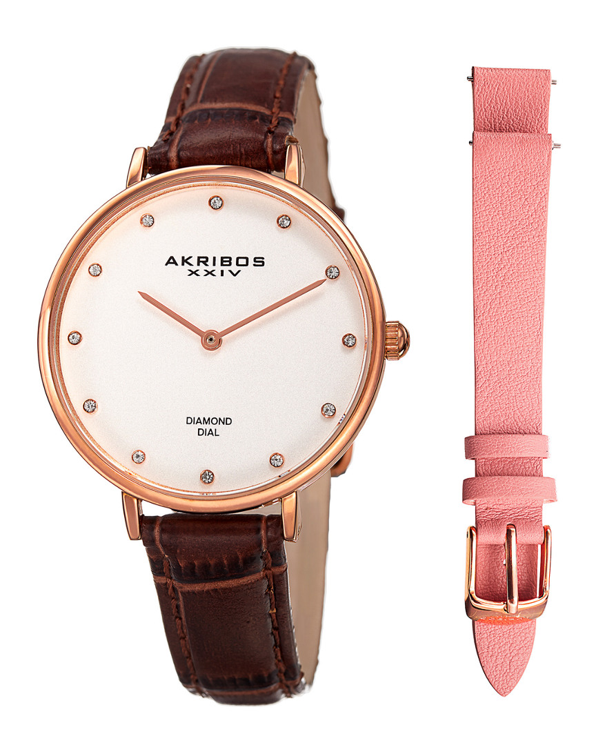 Akribos Xxiv Womens Diamond Watch & Leather Strap Set