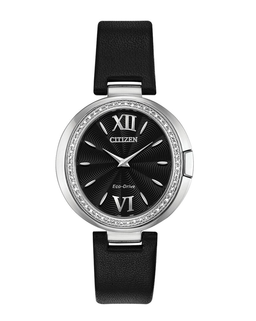 Citizen Women's Eco-drive 34mm Stainless Steel, Diamond & Leather Strap Watch In Black