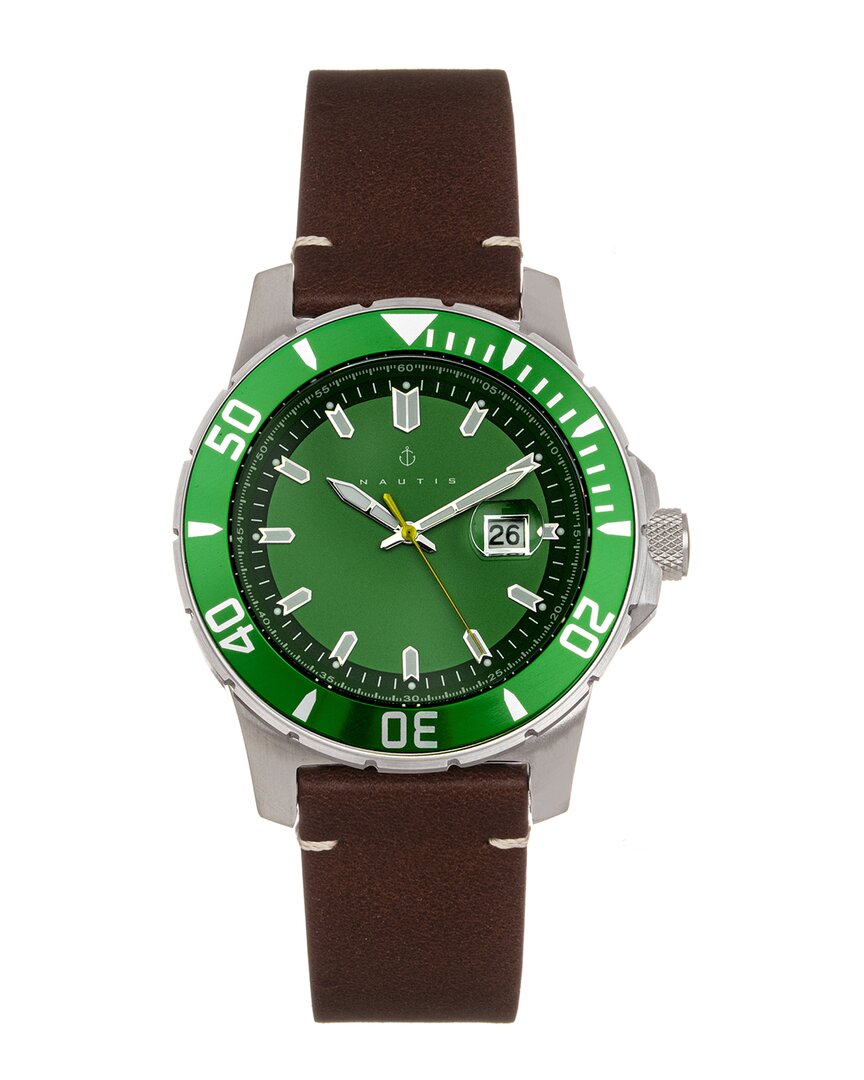 Nautis Diver Pro 200 Leather-band Watch W/date In Green