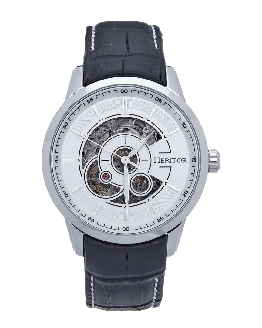 Heritor Automatic Davies Semi-skeleton Leather Band Watch In White