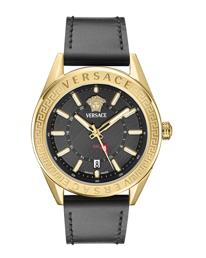 Versace V-code Gmt Leather Watch In Gold
