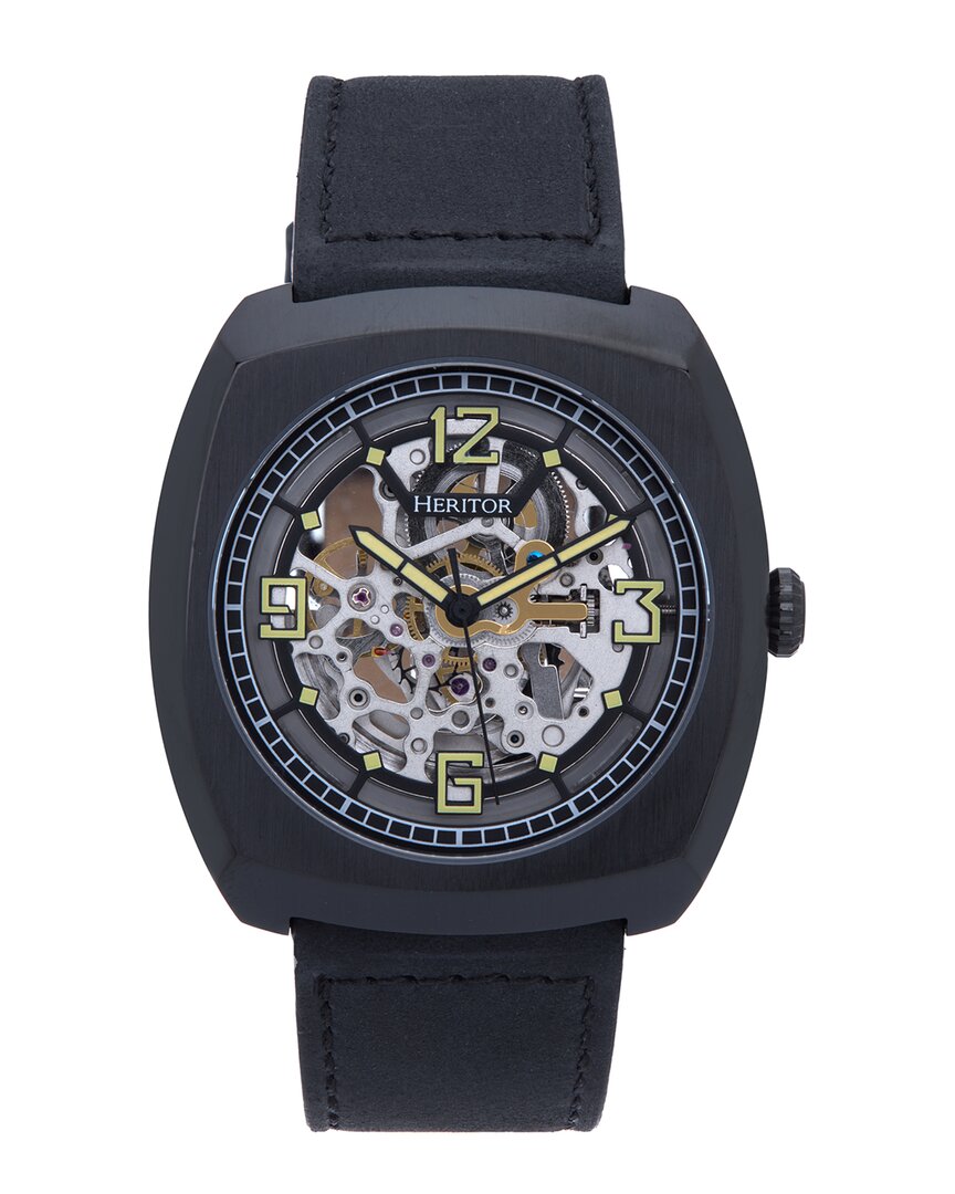 Heritor Automatic Gatling Skeletonized Leather-band Watch In Black