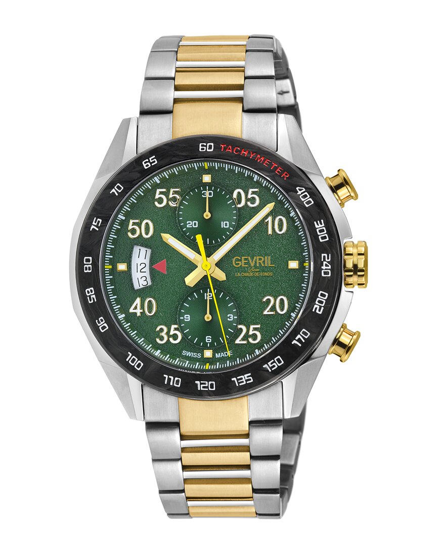 Gevril Ascari Chronograph Automatic Green Dial Mens Watch 48316b In Two Tone  / Black / Gold Tone / Green / Yellow