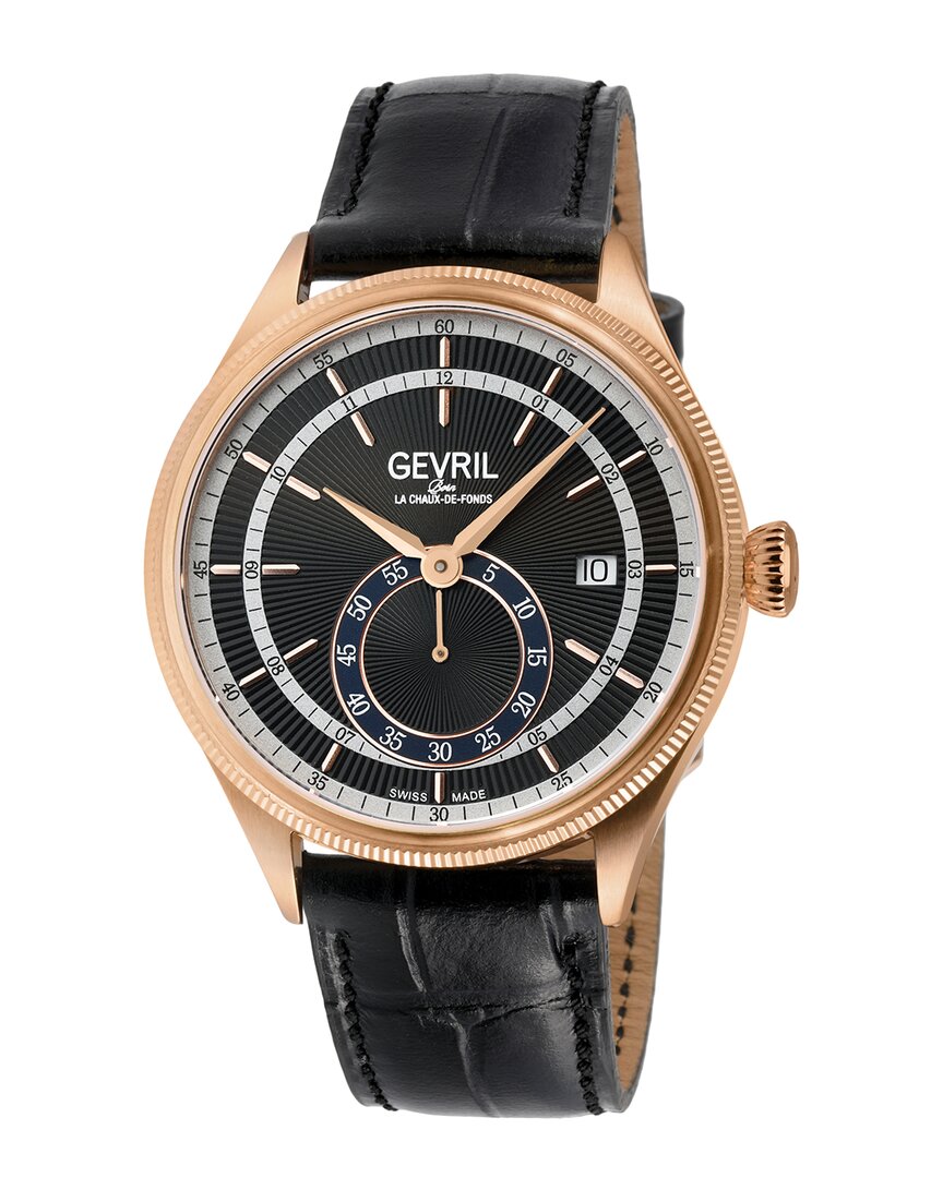Gevril Men's Empire Swiss Automatic Black Leather Watch 40mm