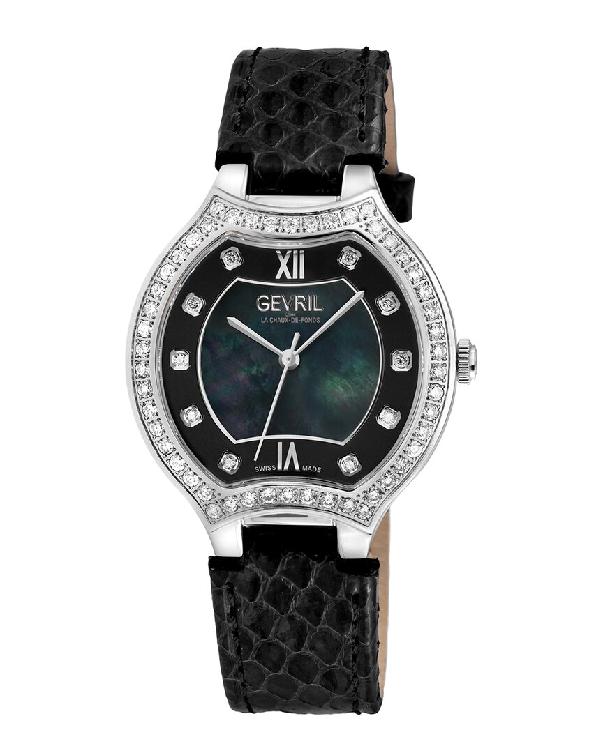 Gevril Lugano Diamond Mother Of Pearl Dial Ladies Watch 11247 In Black / Mop / Mother Of Pearl
